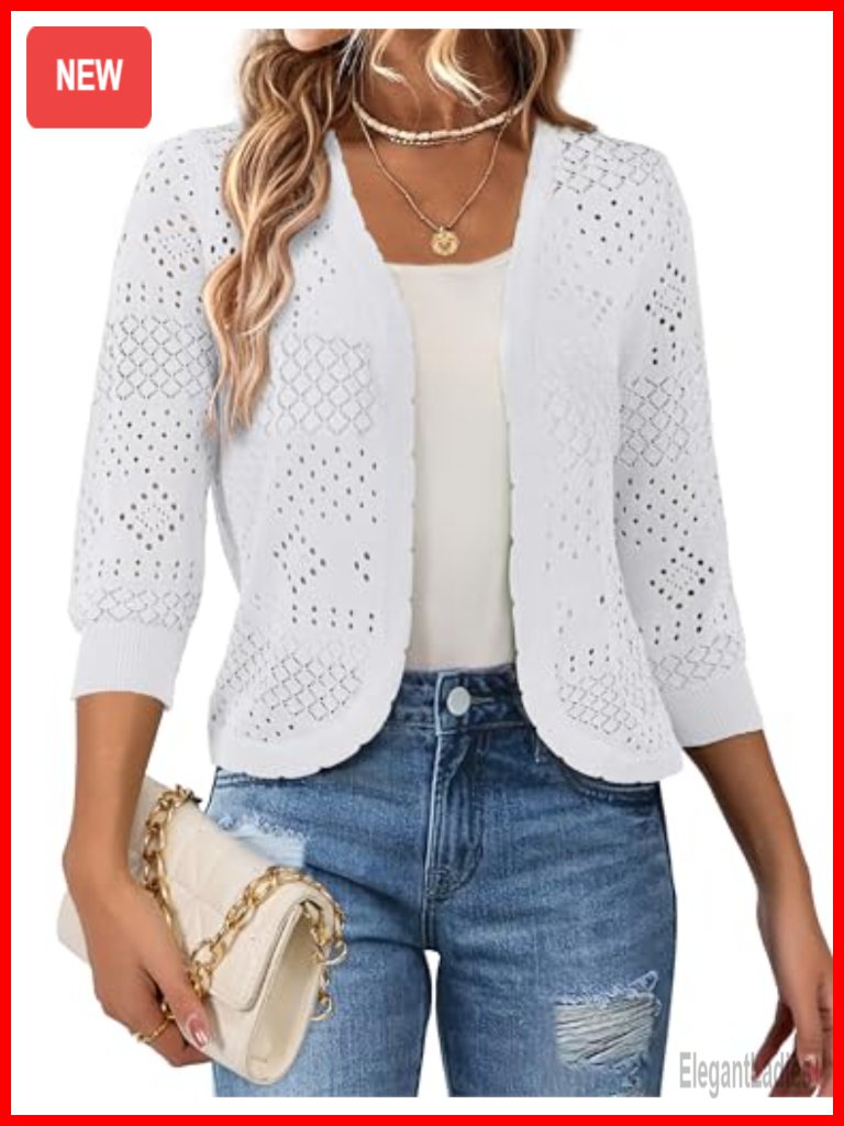 3/4 Sleeve Open Front Cropped Shrugs Lightweight Hollowed Cardigan Sweater